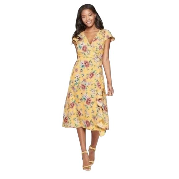 Xhilaration Floral V-Neck Midi Faux Wrap Dress Multicolor Yellow Size Medium - Picture 1 of 11